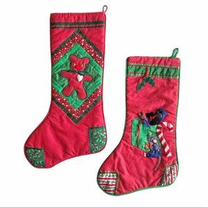 Vintage Handmade Christmas Stockings 3-D Toy Appliqué and Embroidery